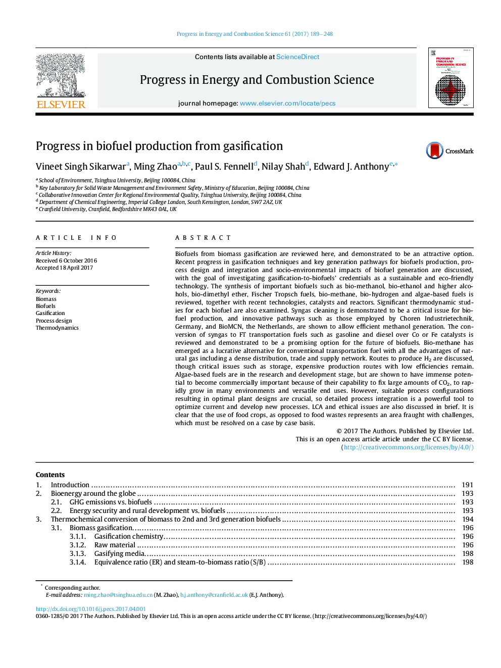 Progress in biofuel production from gasification