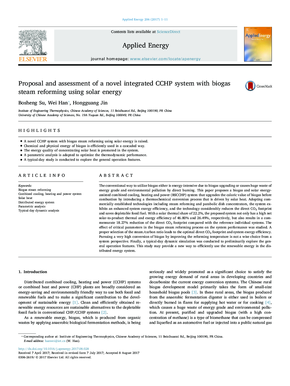 Proposal and assessment of a novel integrated CCHP system with biogas steam reforming using solar energy