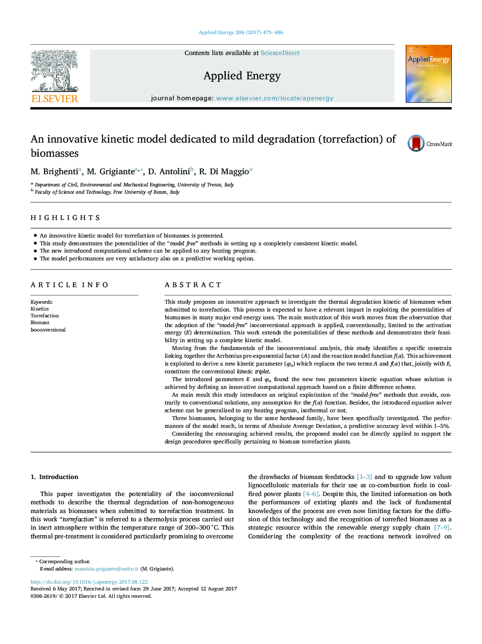 An innovative kinetic model dedicated to mild degradation (torrefaction) of biomasses