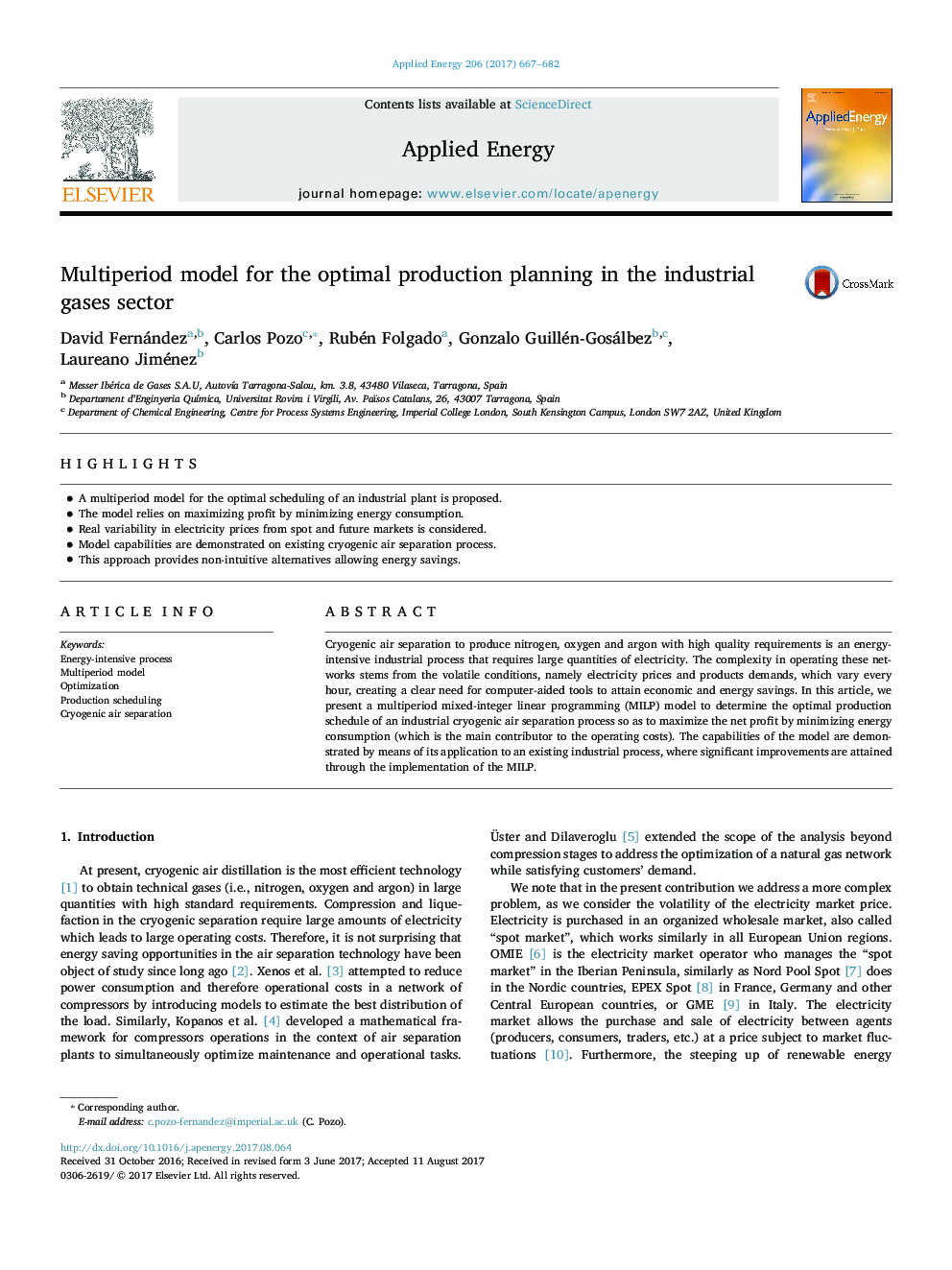 Multiperiod model for the optimal production planning in the industrial gases sector