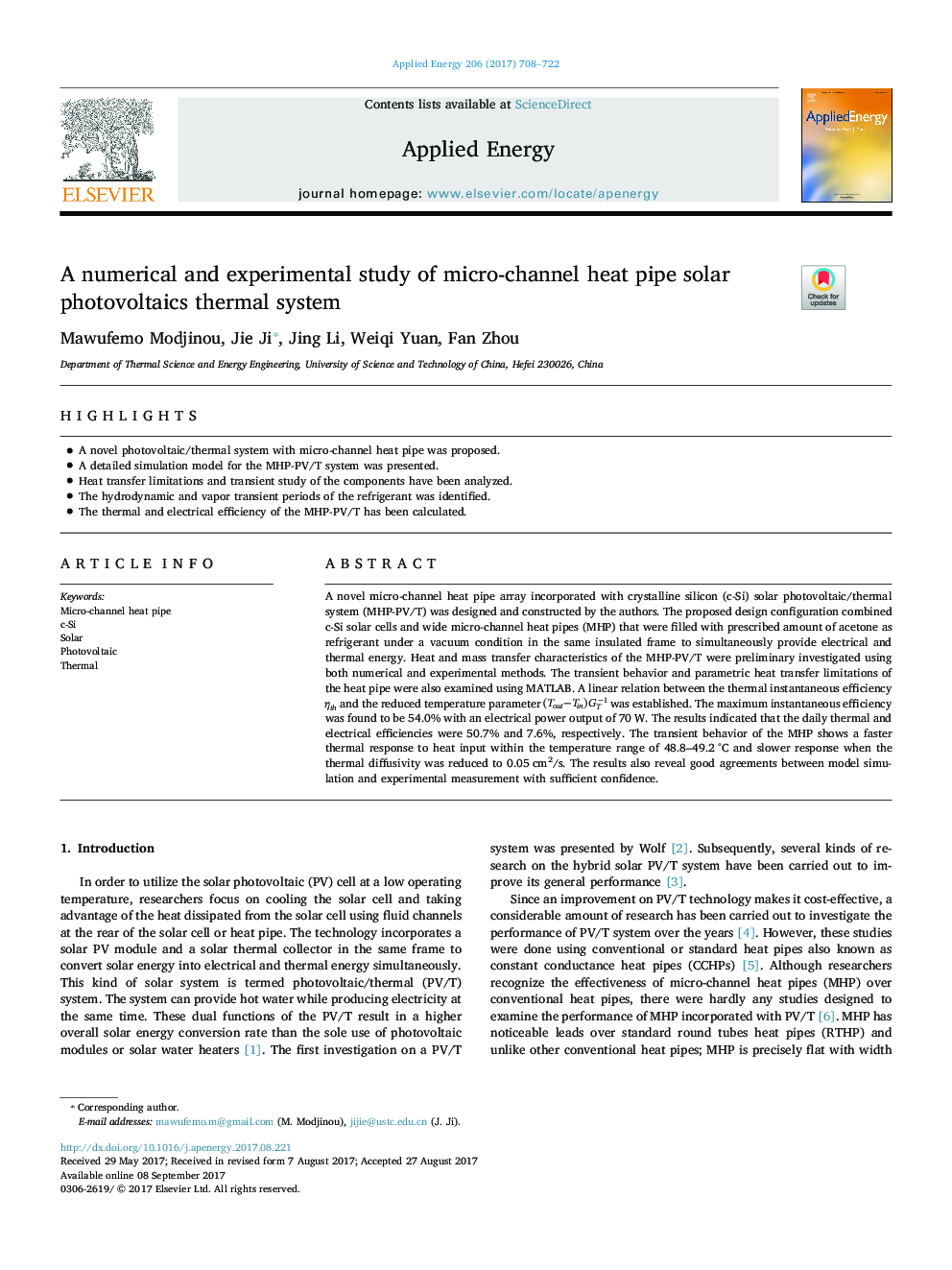 A numerical and experimental study of micro-channel heat pipe solar photovoltaics thermal system