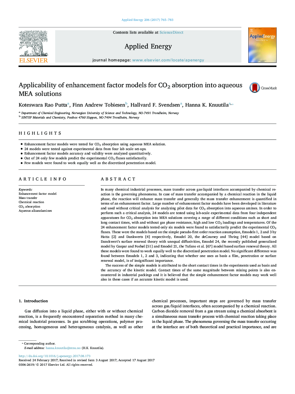 Applicability of enhancement factor models for CO2 absorption into aqueous MEA solutions