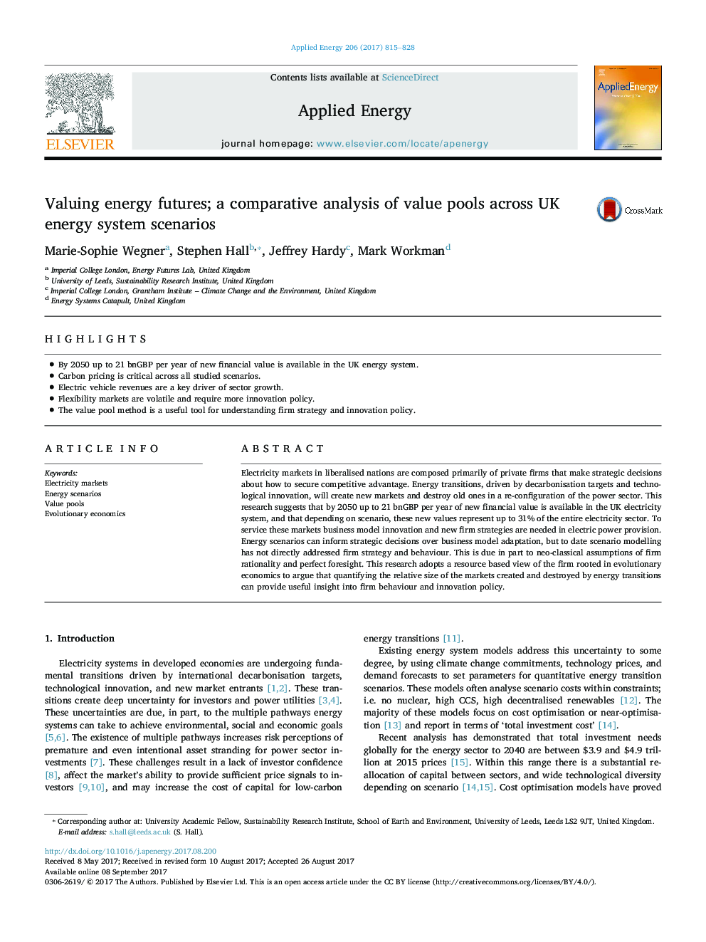 Valuing energy futures; a comparative analysis of value pools across UK energy system scenarios