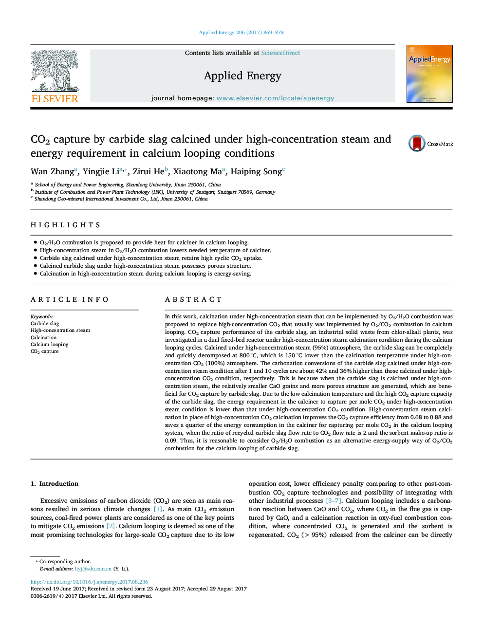 CO2 capture by carbide slag calcined under high-concentration steam and energy requirement in calcium looping conditions