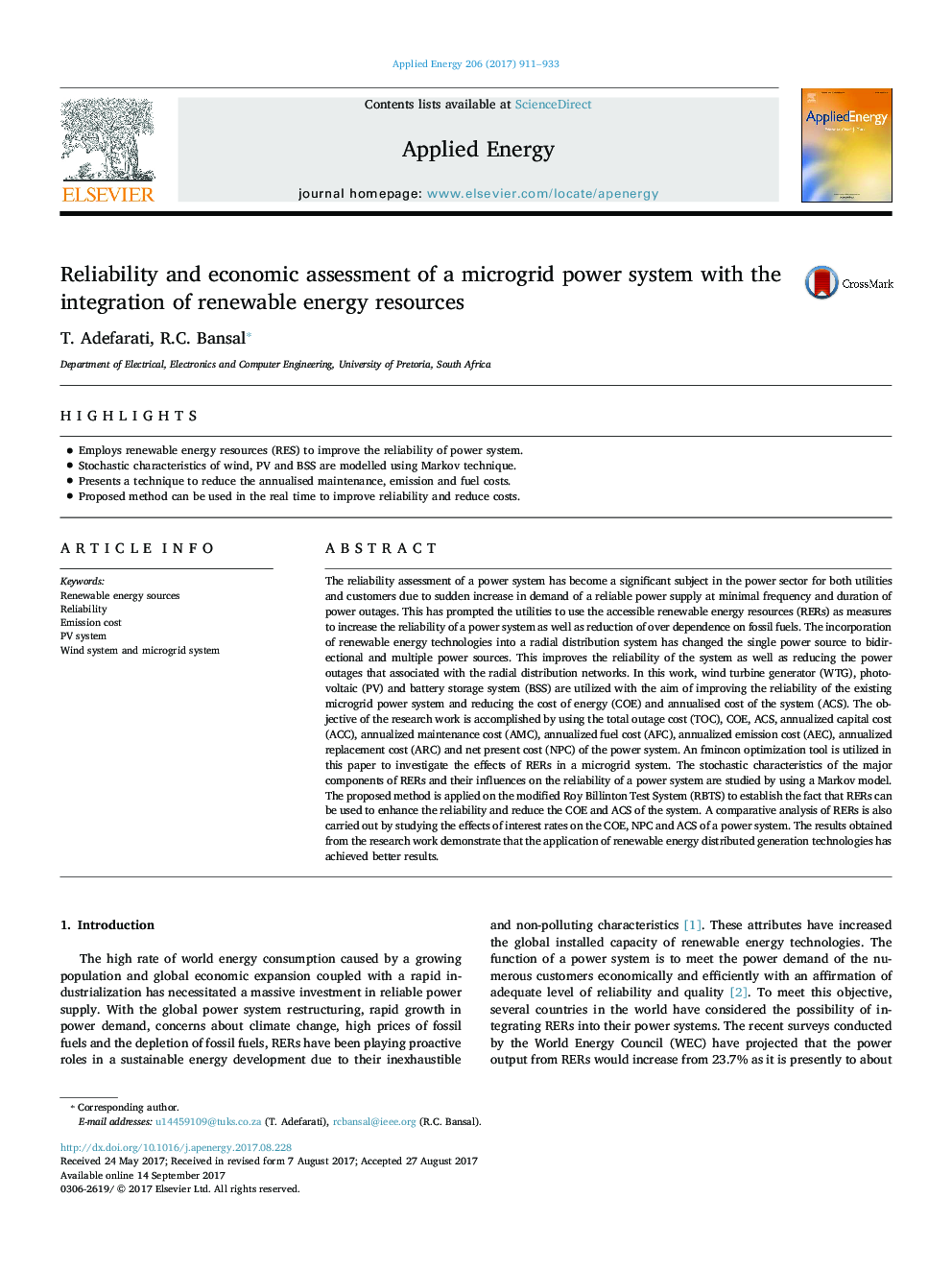 Reliability and economic assessment of a microgrid power system with the integration of renewable energy resources