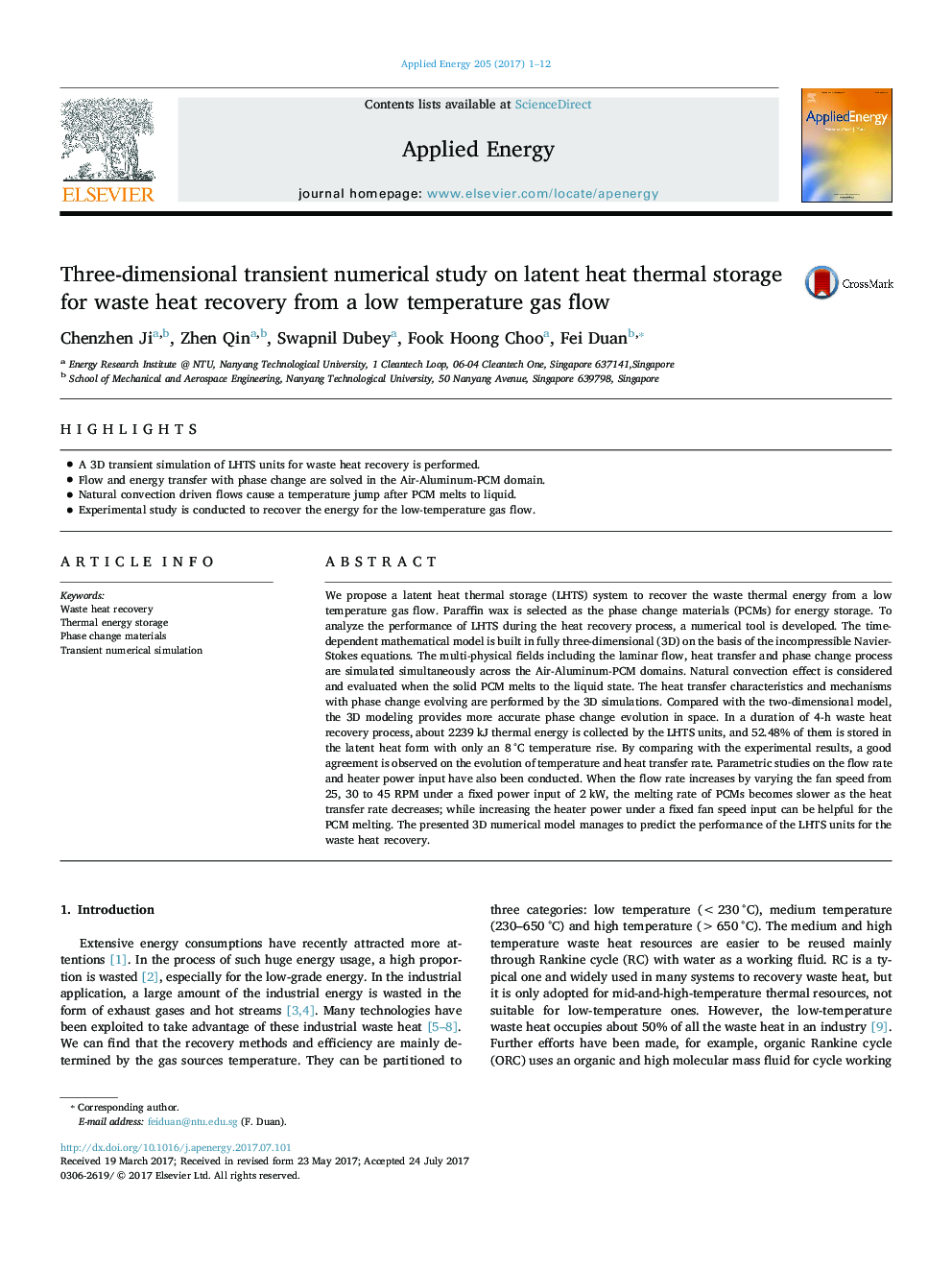 Three-dimensional transient numerical study on latent heat thermal storage for waste heat recovery from a low temperature gas flow