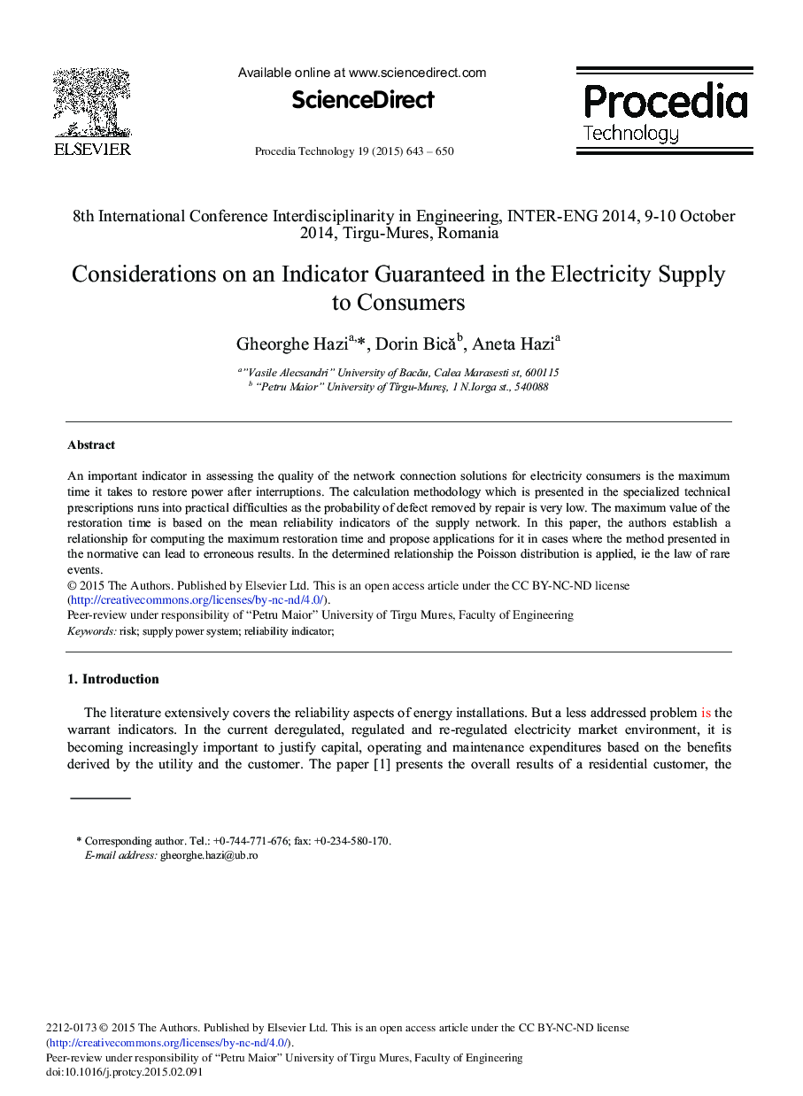 Considerations on an Indicator Guaranteed in the Electricity Supply to Consumers 