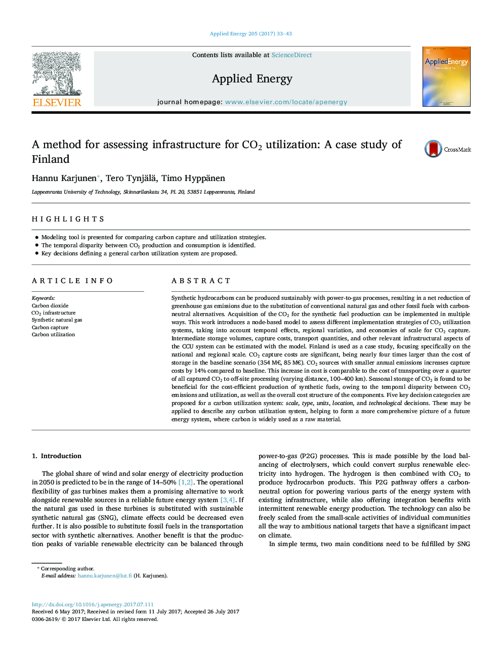 A method for assessing infrastructure for CO2 utilization: A case study of Finland