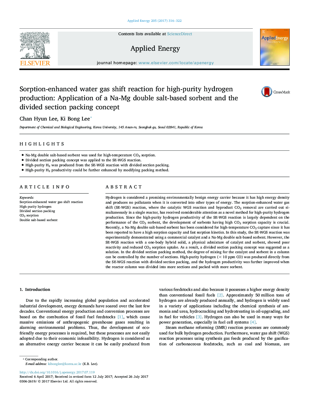 Sorption-enhanced water gas shift reaction for high-purity hydrogen production: Application of a Na-Mg double salt-based sorbent and the divided section packing concept