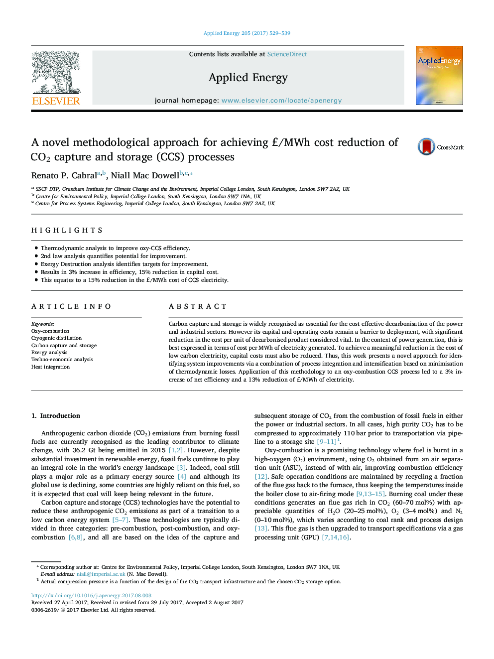 A novel methodological approach for achieving Â£/MWh cost reduction of CO2 capture and storage (CCS) processes