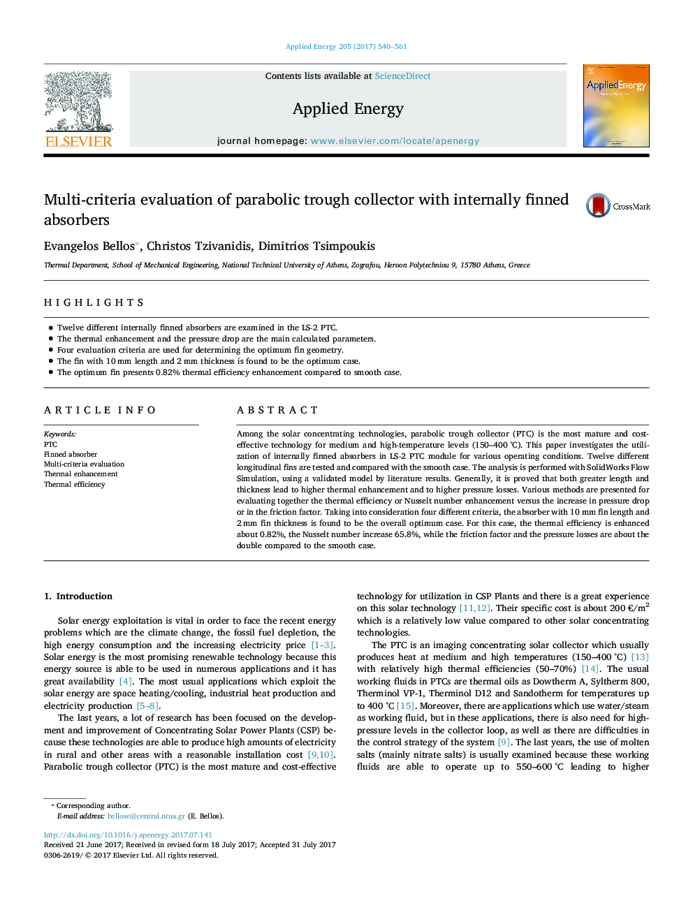 Multi-criteria evaluation of parabolic trough collector with internally finned absorbers