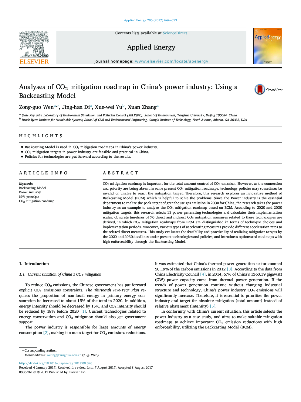 Analyses of CO2 mitigation roadmap in China's power industry: Using a Backcasting Model