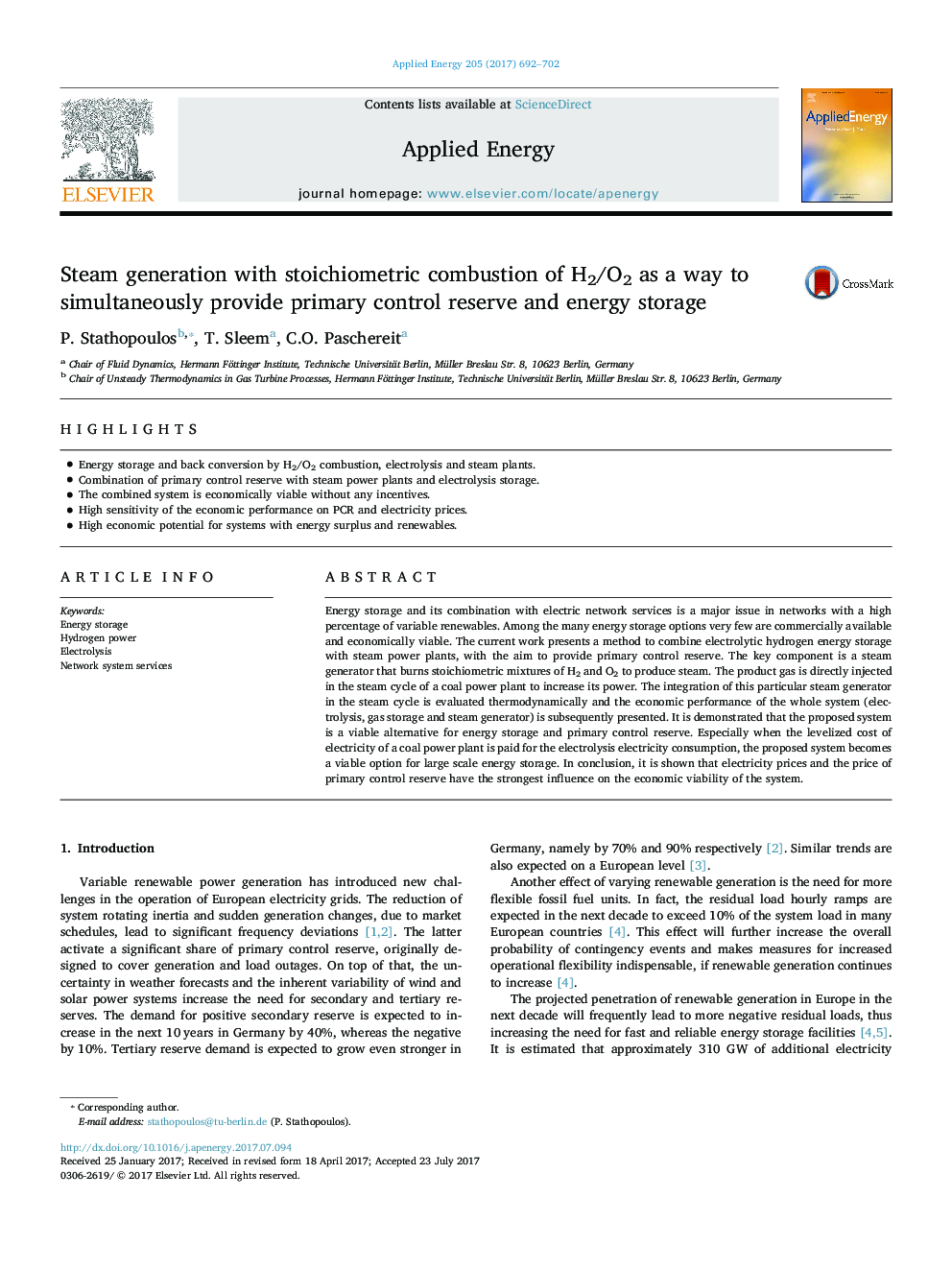 Steam generation with stoichiometric combustion of H2/O2 as a way to simultaneously provide primary control reserve and energy storage