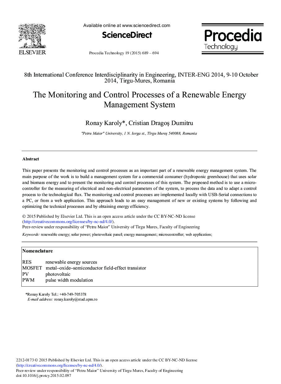 The Monitoring and Control Processes of a Renewable Energy Management System 