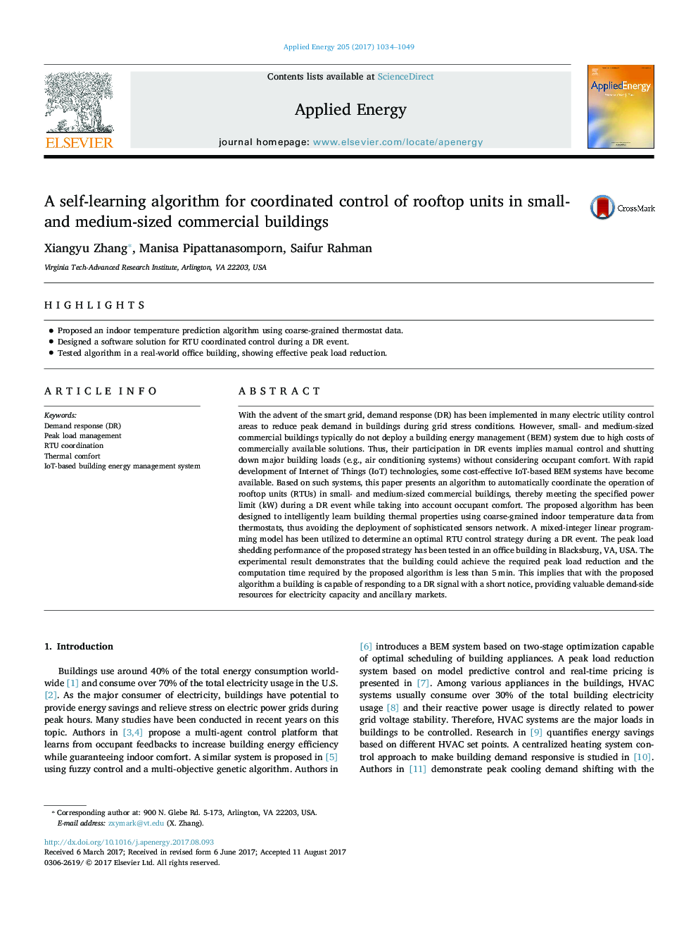 A self-learning algorithm for coordinated control of rooftop units in small- and medium-sized commercial buildings