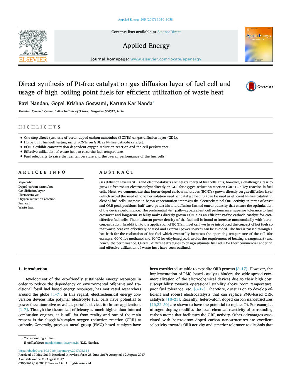 Direct synthesis of Pt-free catalyst on gas diffusion layer of fuel cell and usage of high boiling point fuels for efficient utilization of waste heat