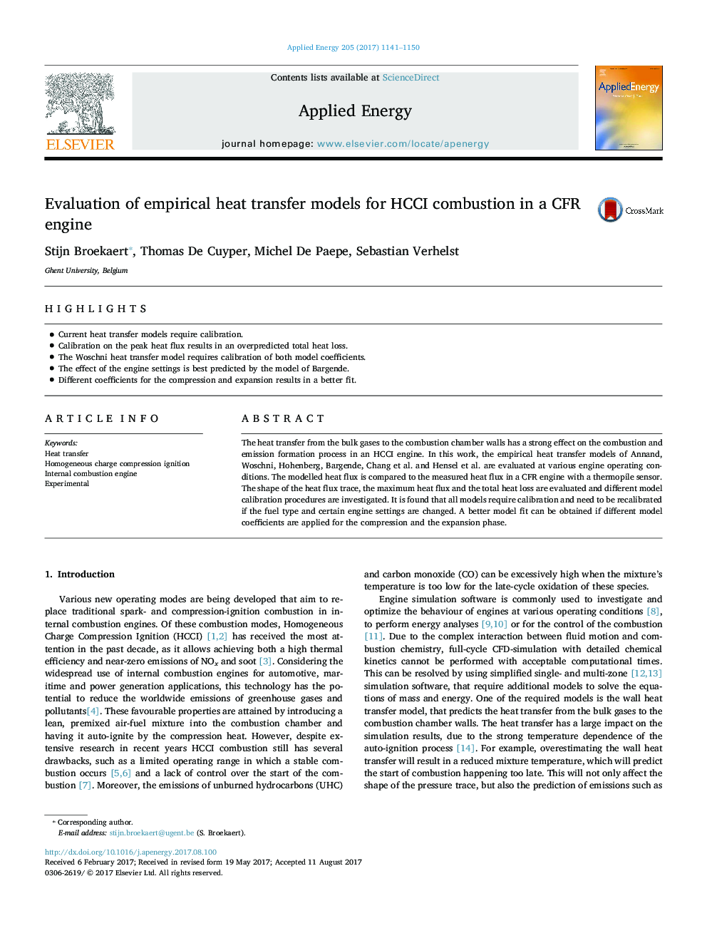 Evaluation of empirical heat transfer models for HCCI combustion in a CFR engine