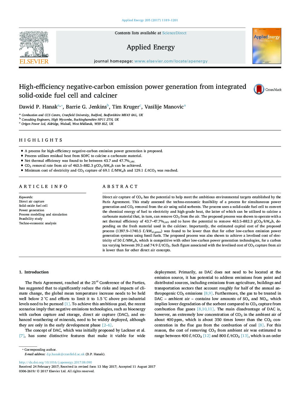 High-efficiency negative-carbon emission power generation from integrated solid-oxide fuel cell and calciner