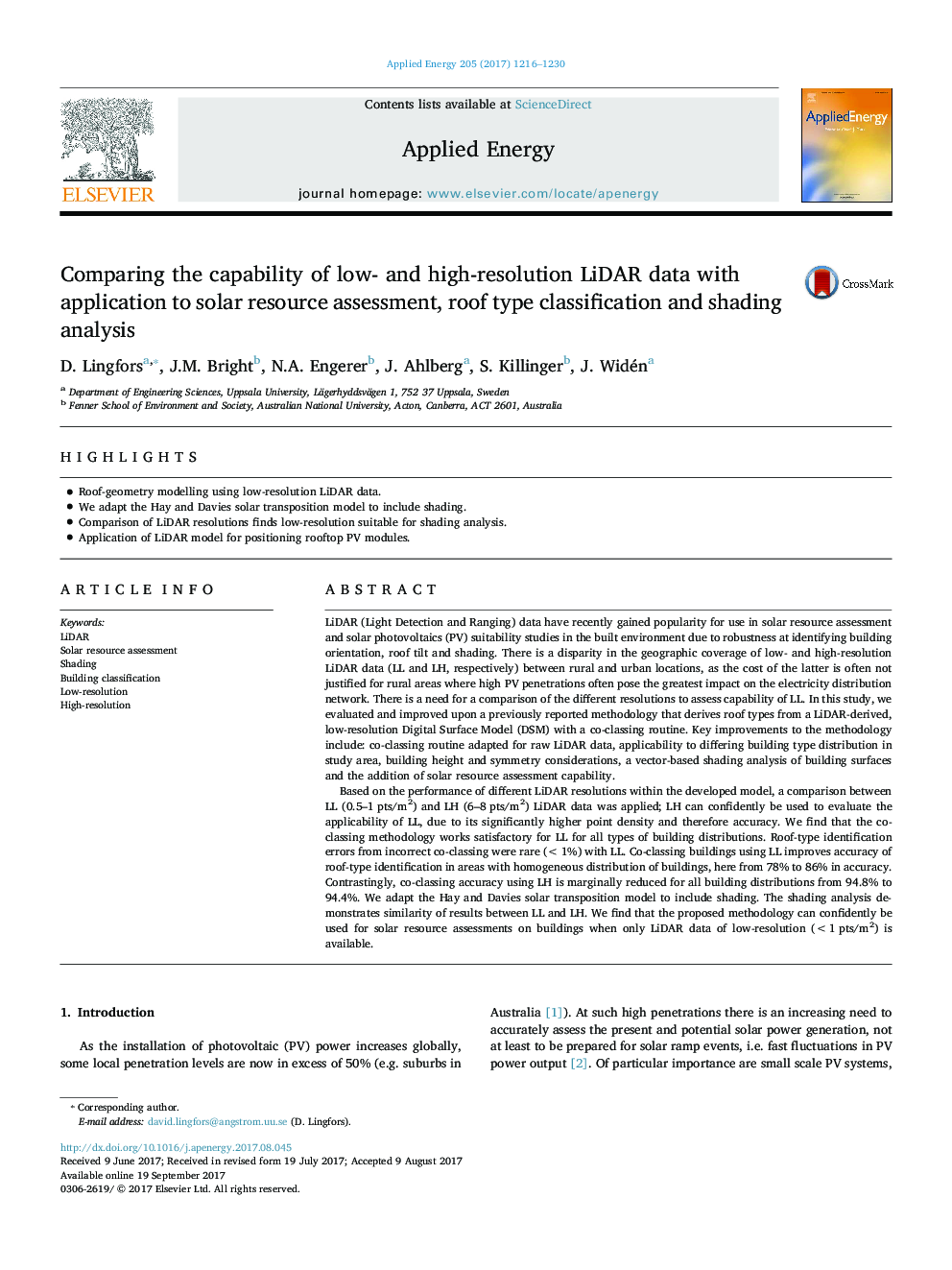 عکس صفحه اول مقاله: Comparing the capability of low- and high-resolution LiDAR data with application to solar resource assessment, roof type classification and shading analysis Comparing the capability of low- and high-resolution LiDAR data with application to solar resource assessment, roof type classification and shading analysis