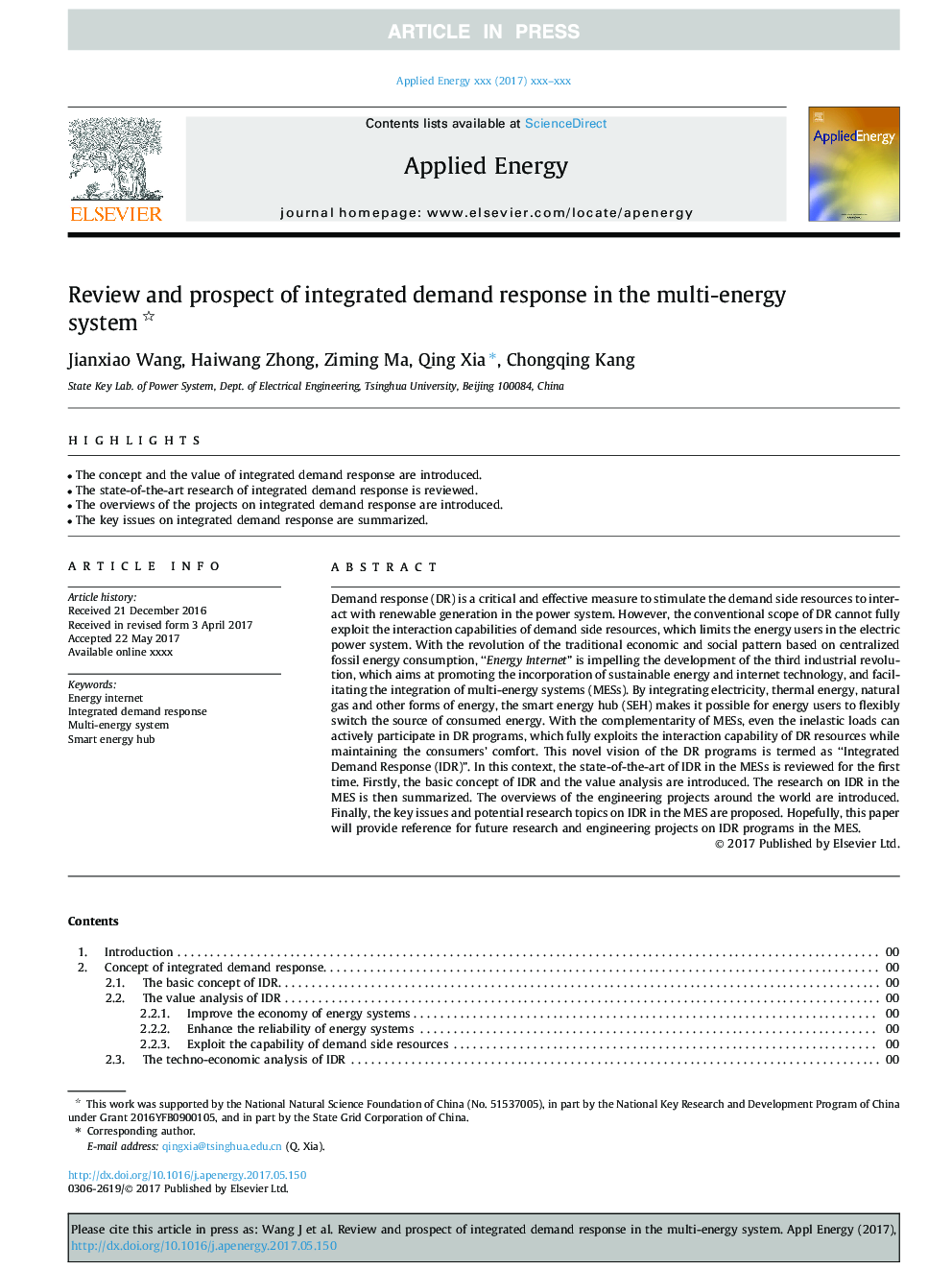 Review and prospect of integrated demand response in the multi-energy system