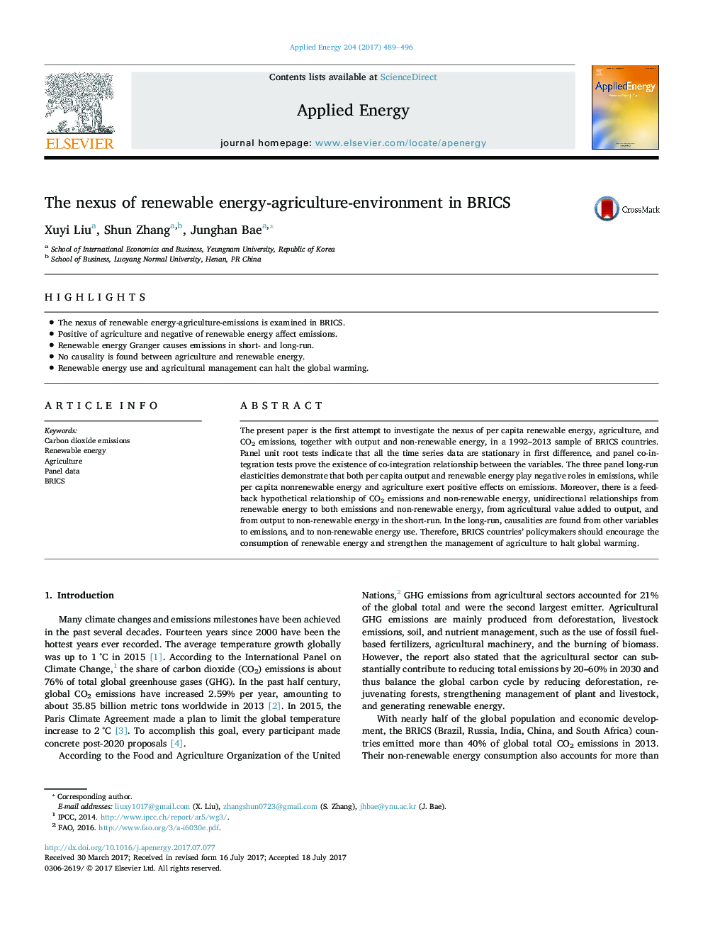 The nexus of renewable energy-agriculture-environment in BRICS