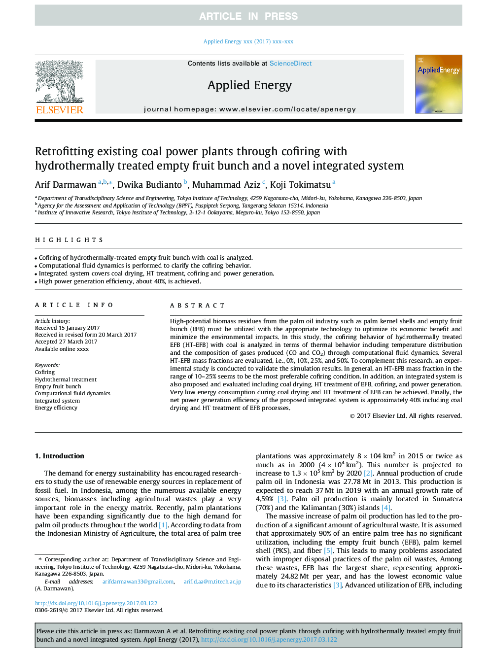 Retrofitting existing coal power plants through cofiring with hydrothermally treated empty fruit bunch and a novel integrated system