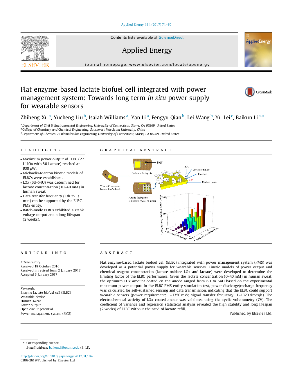 Flat enzyme-based lactate biofuel cell integrated with power management system: Towards long term in situ power supply for wearable sensors