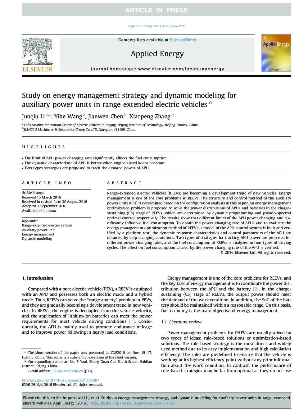 Study on energy management strategy and dynamic modeling for auxiliary power units in range-extended electric vehicles