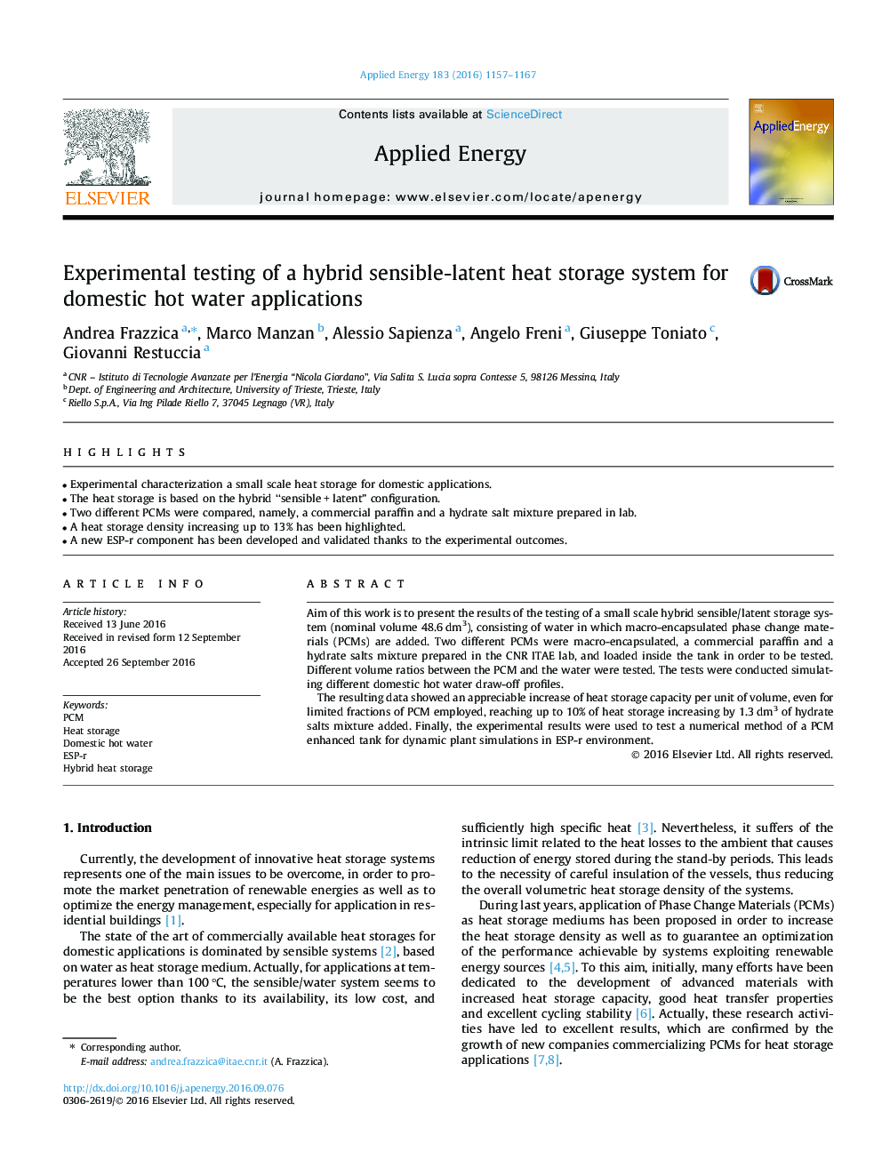 Experimental testing of a hybrid sensible-latent heat storage system for domestic hot water applications