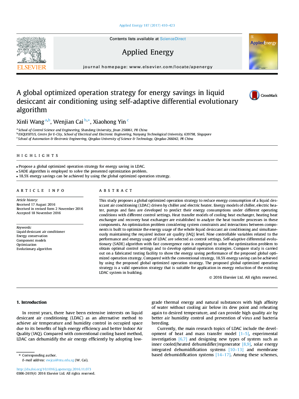 A global optimized operation strategy for energy savings in liquid desiccant air conditioning using self-adaptive differential evolutionary algorithm