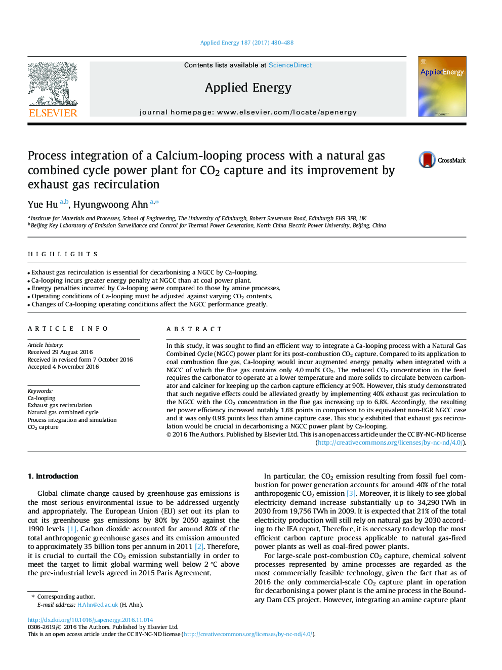 Process integration of a Calcium-looping process with a natural gas combined cycle power plant for CO2 capture and its improvement by exhaust gas recirculation