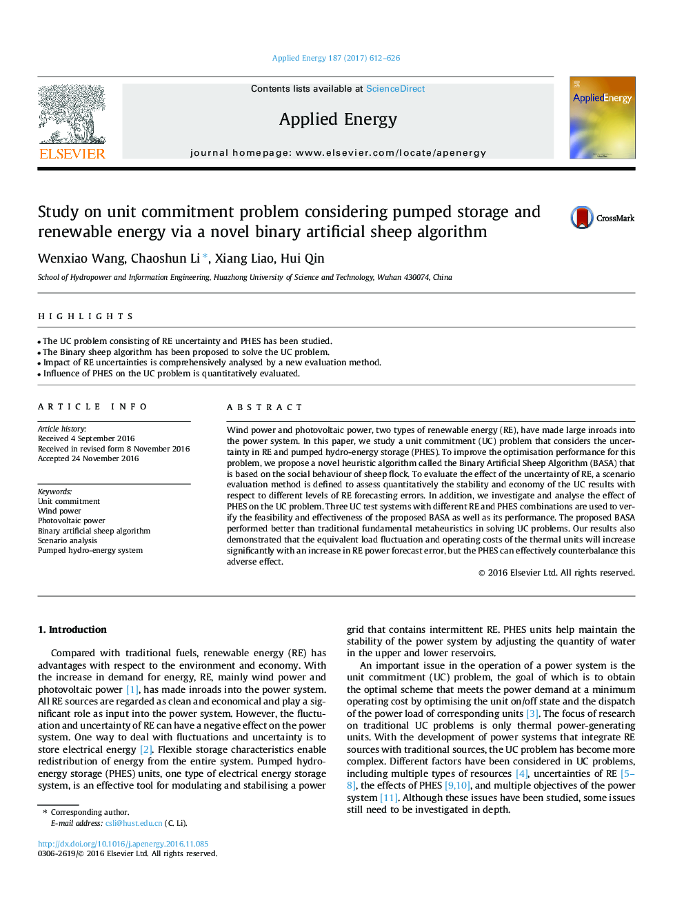 Study on unit commitment problem considering pumped storage and renewable energy via a novel binary artificial sheep algorithm