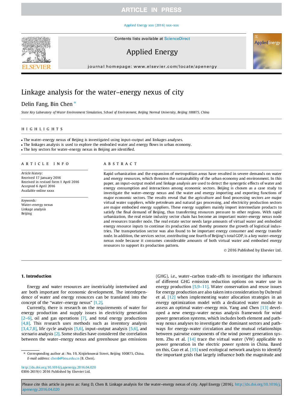 Linkage analysis for the water-energy nexus of city