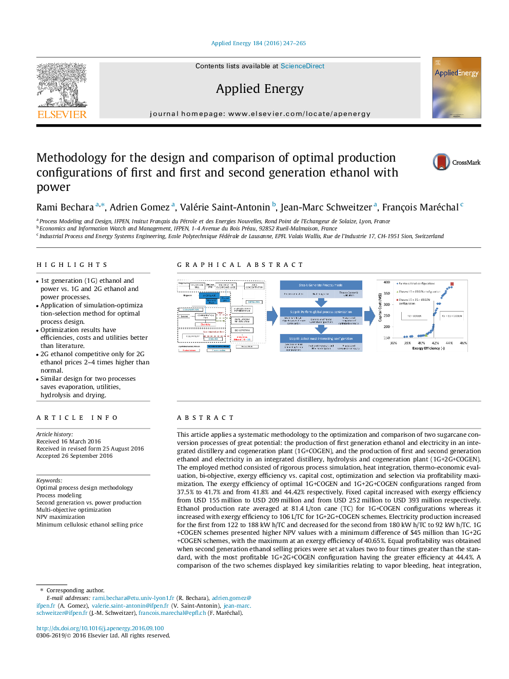 Methodology for the design and comparison of optimal production configurations of first and first and second generation ethanol with power