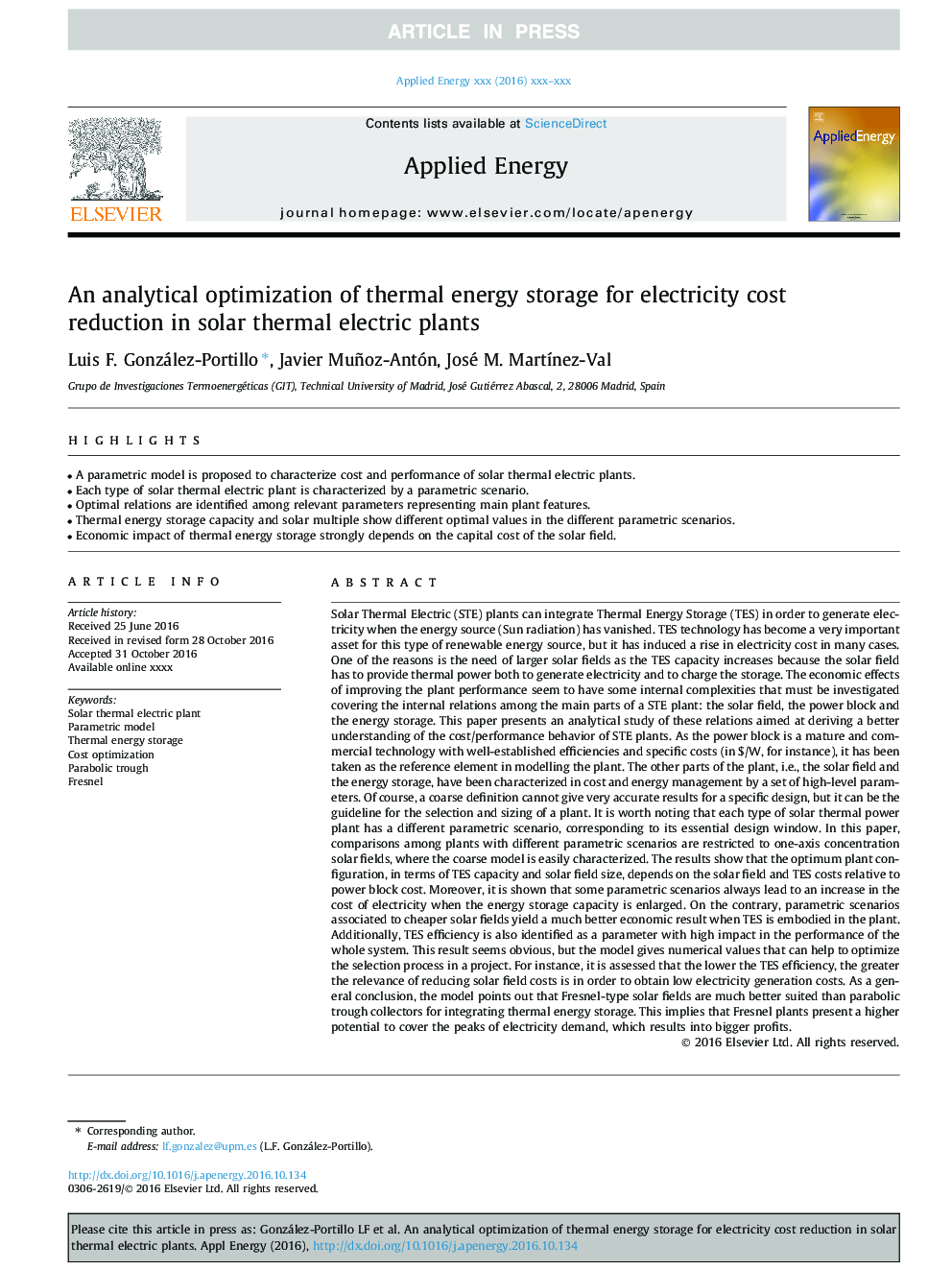 An analytical optimization of thermal energy storage for electricity cost reduction in solar thermal electric plants