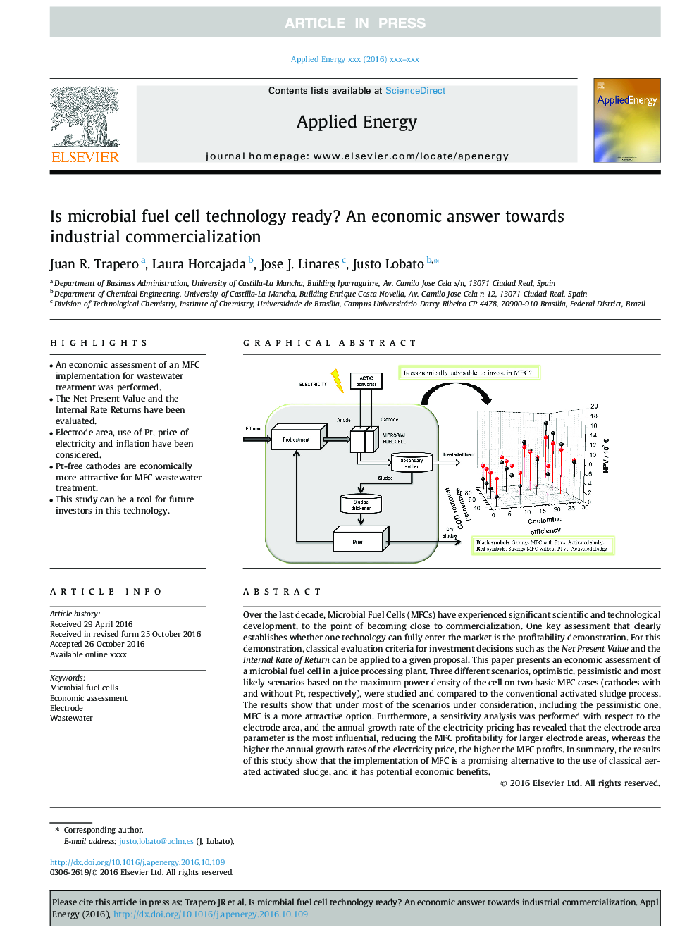 Is microbial fuel cell technology ready? An economic answer towards industrial commercialization