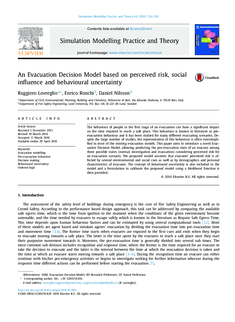 An Evacuation Decision Model based on perceived risk, social influence and behavioural uncertainty