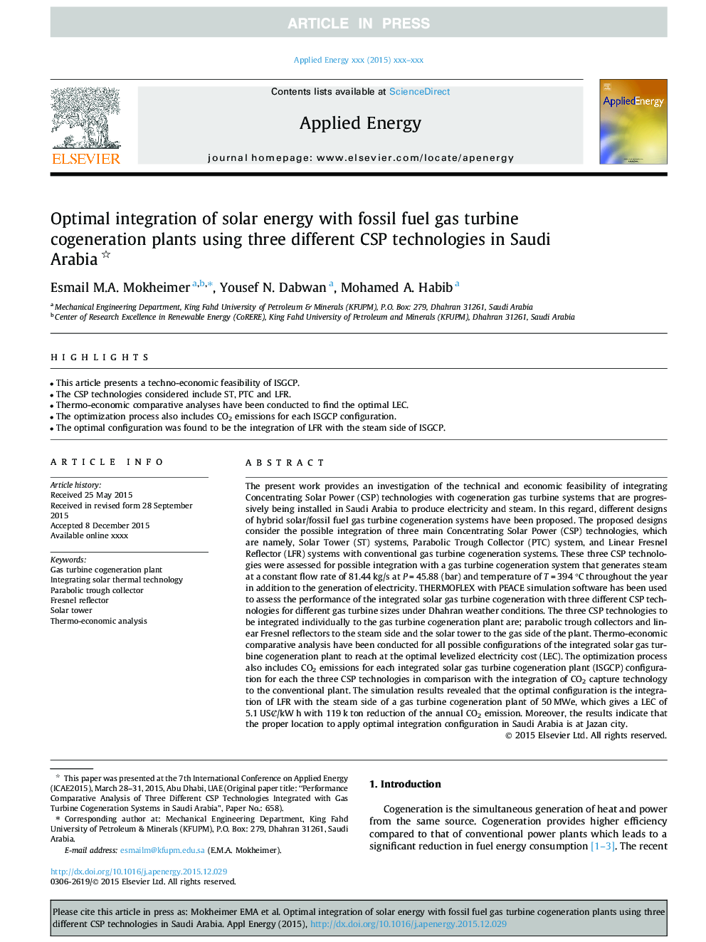 Optimal integration of solar energy with fossil fuel gas turbine cogeneration plants using three different CSP technologies in Saudi Arabia