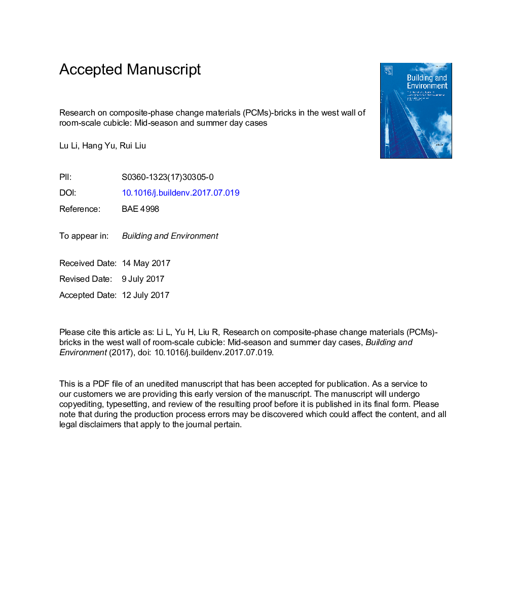 Research on composite-phase change materials (PCMs)-bricks in the west wall of room-scale cubicle: Mid-season and summer day cases