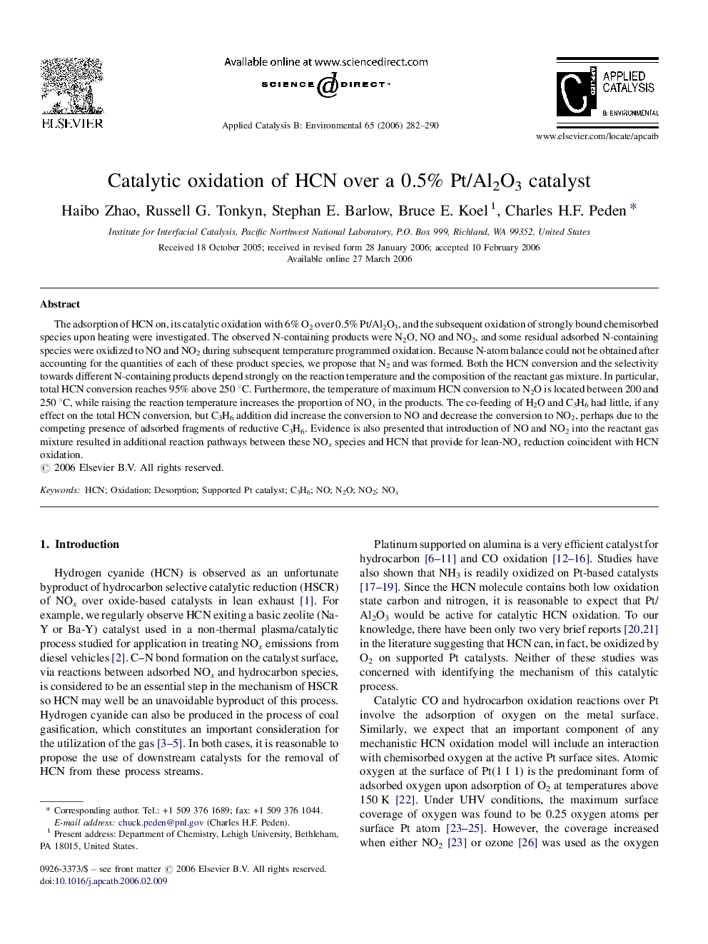 Catalytic oxidation of HCN over a 0.5% Pt/Al2O3 catalyst