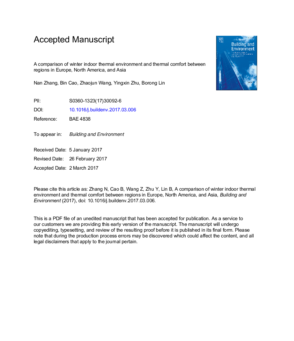 A comparison of winter indoor thermal environment and thermal comfort between regions in Europe, North America, and Asia