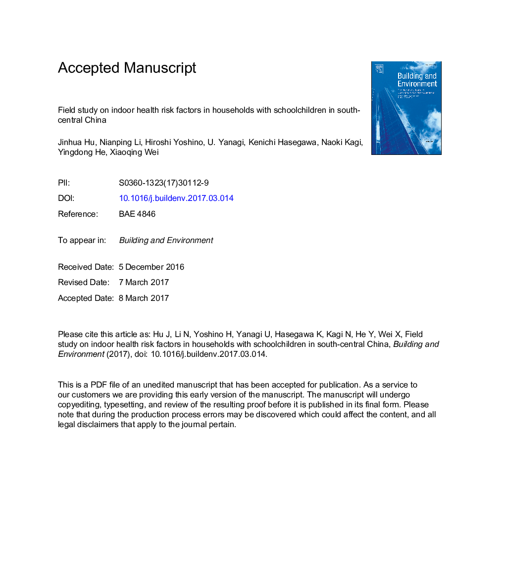 Field study on indoor health risk factors in households with schoolchildren in south-central China