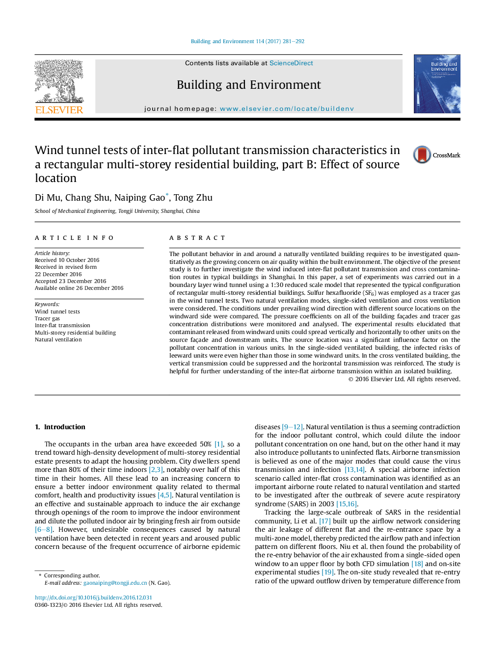 Wind tunnel tests of inter-flat pollutant transmission characteristics in a rectangular multi-storey residential building, part B: Effect of source location