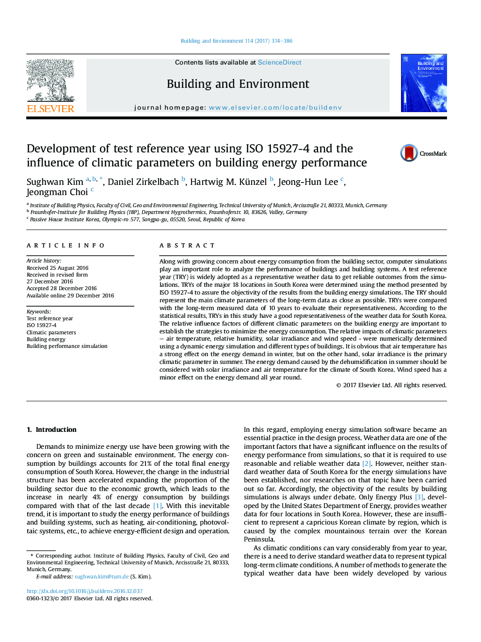 Development of test reference year using ISO 15927-4 and the influence of climatic parameters on building energy performance