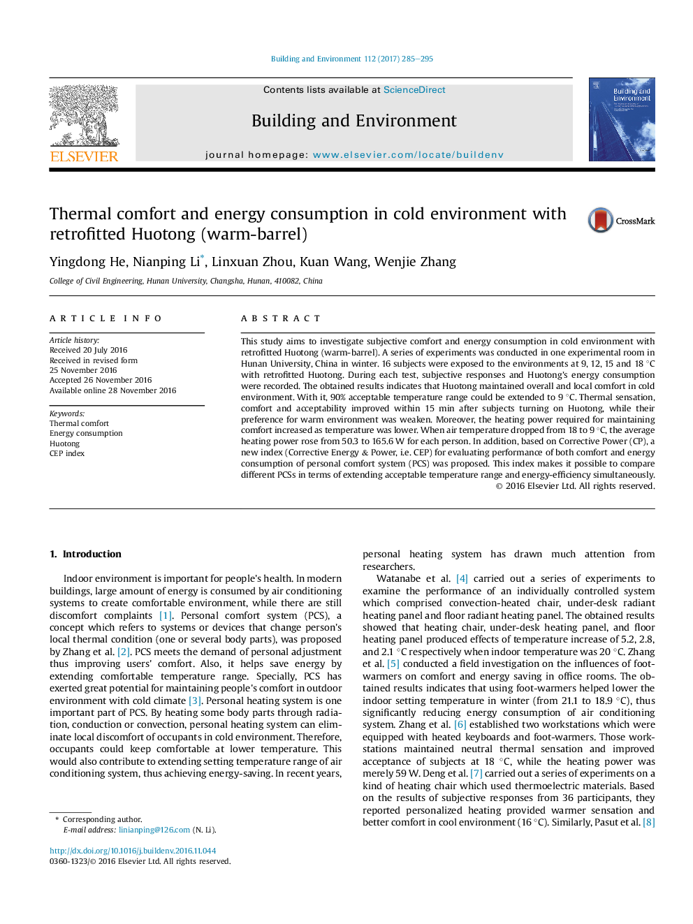 Thermal comfort and energy consumption in cold environment with retrofitted Huotong (warm-barrel)