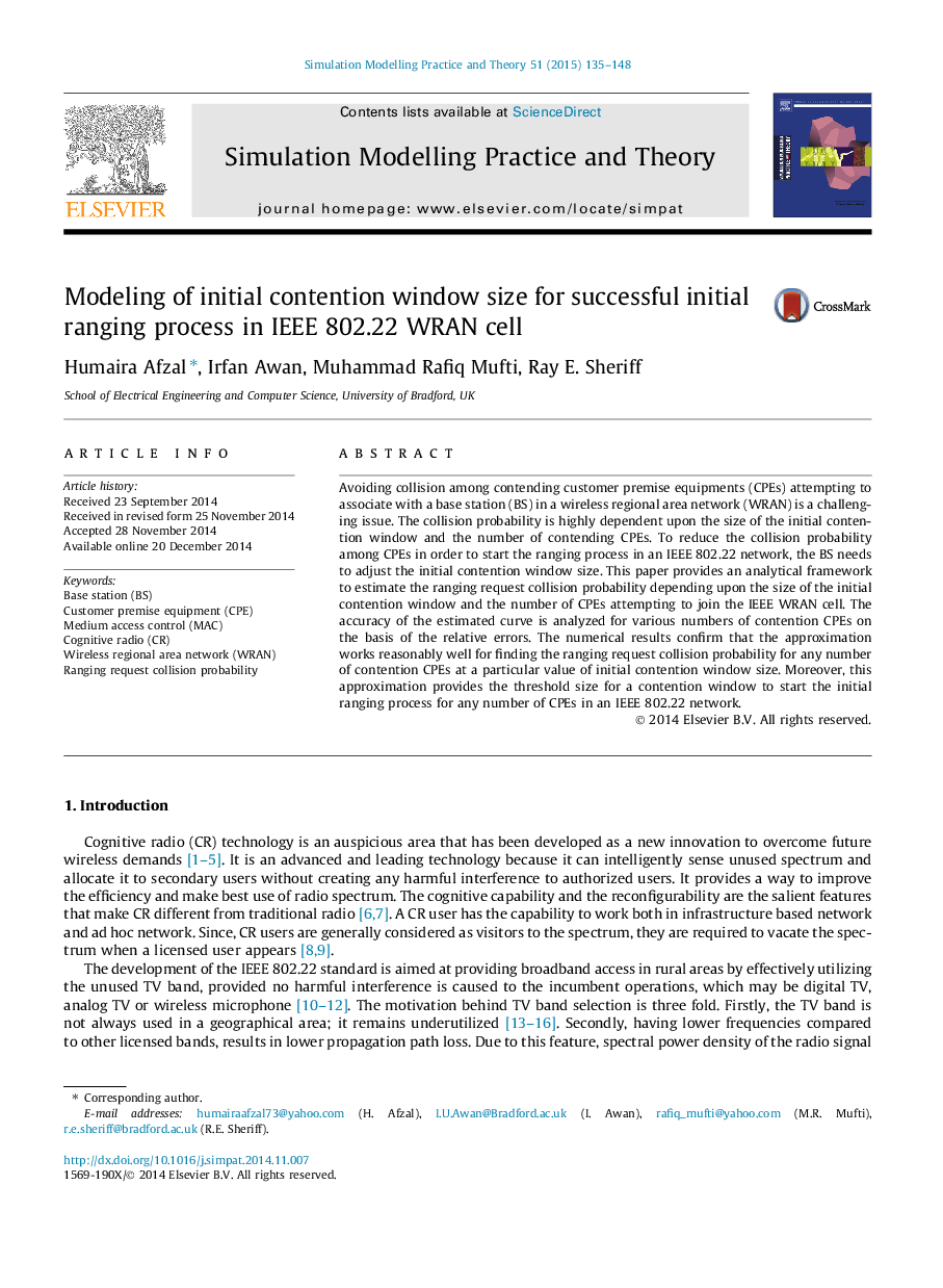 عکس صفحه اول مقاله: Modeling of initial contention window size for successful initial ranging process in IEEE 802.22 WRAN cell Modeling of initial contention window size for successful initial ranging process in IEEE 802.22 WRAN cell