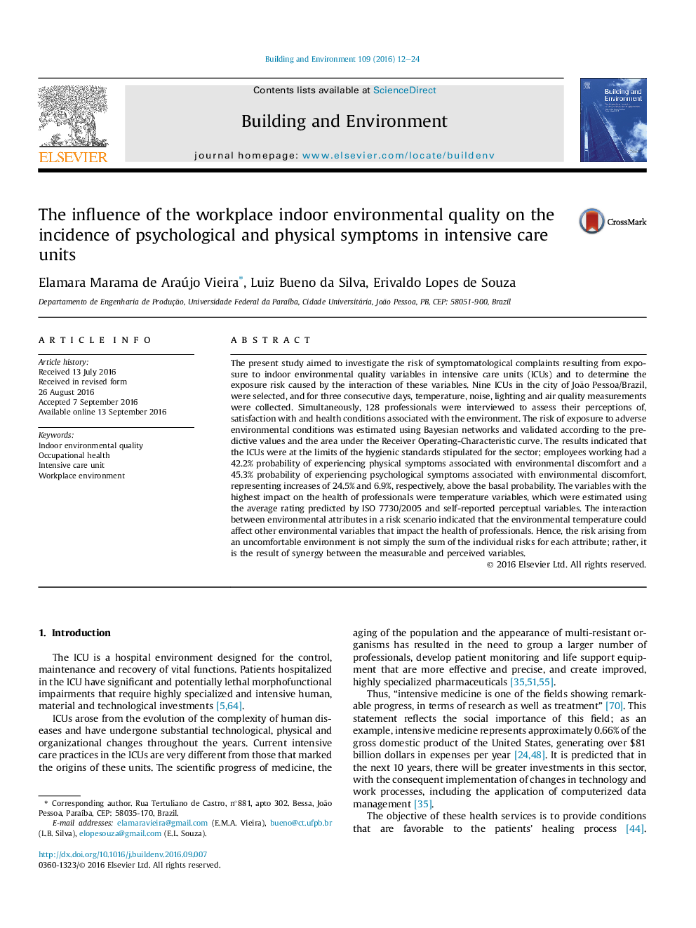 The influence of the workplace indoor environmental quality on the incidence of psychological and physical symptoms in intensive care units