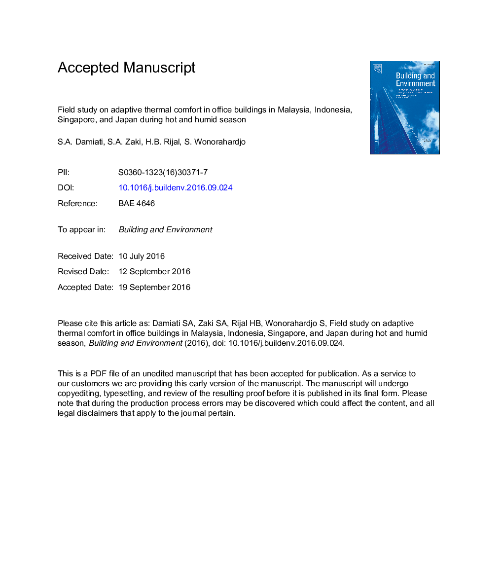 Field study on adaptive thermal comfort in office buildings in Malaysia, Indonesia, Singapore, and Japan during hot and humid season