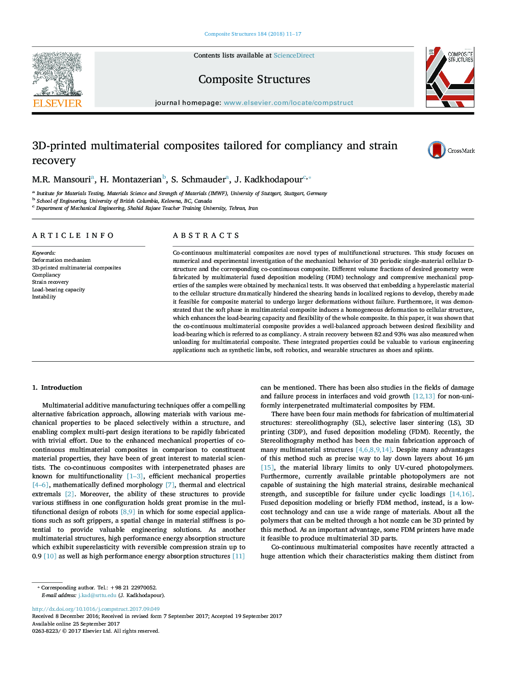 3D-printed multimaterial composites tailored for compliancy and strain recovery