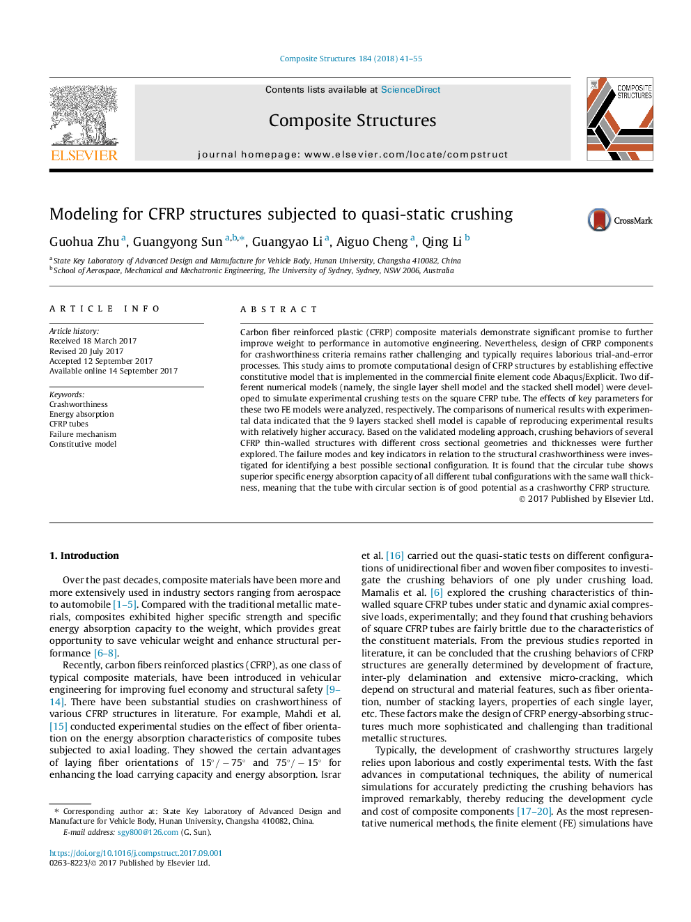 Modeling for CFRP structures subjected to quasi-static crushing